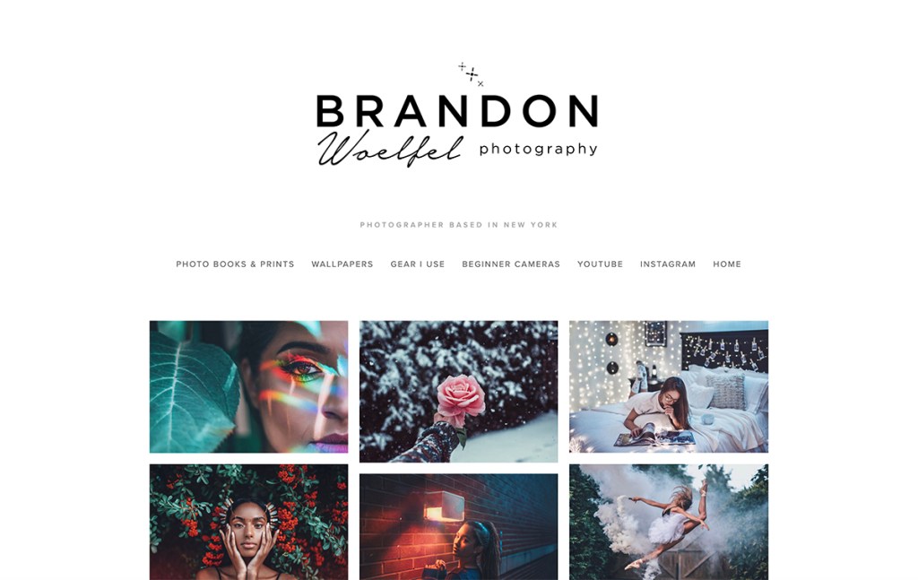 Brandon Woelfel photographer based in New York. Very clean and straightforward website, with a grid layout and a large logo on the top with the navigation below it.