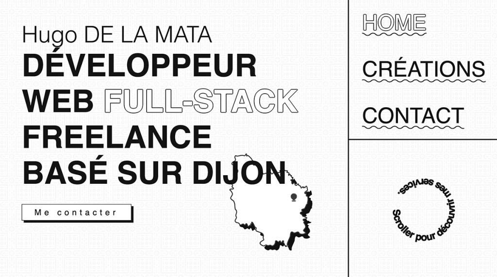 Hugo DE LA MATA is a full-stack web developer with very unique and modern web portfolio with large typography and black and white homepage tones.